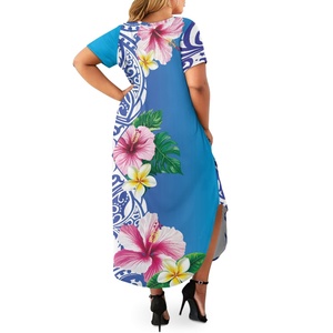 Abito blu polinesiano floreale donna taglie forti Maxi manica corta scollo a V ampio stile Casual autunno autunno abito <span class=keywords><strong>lungo</strong></span> tasche dolce - Product Image 2