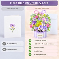 Kartu Ucapan 3D Pop-Up Berlapis Kertas dengan Hot Stamping, Buket Bunga, Ulang Tahun, Hari Ibu, Violet, Anyelir, Keranjang Kartu, Amplop