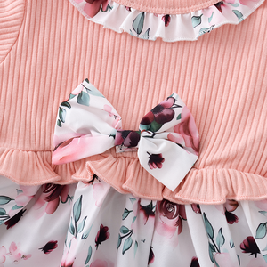 Abito Floreale per Bambine con Maniche a Sbuffo e Colletto con Fiocco e Volant, Vestito Primaverile Estivo Morbido ed Elastico per Bambini - Product Image 4