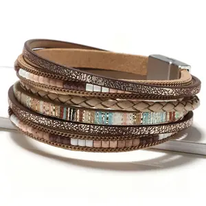 Multilayer Handmade Magnetic Buckle Bracelet Bohemian Woven Hand Braided Leather Cord Bracelet For Women And Girls