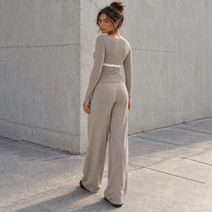 European slim cami flattering cropped <b>long</b> <b>sleeve</b> cardigan with elastic waist loose drape pants home wear three piece set - Product Image 3