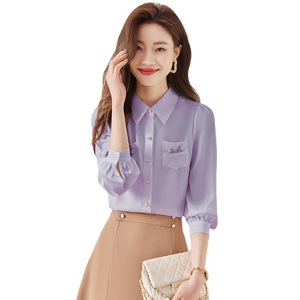 Chemise violette à manches longues pour femmes Han Duoyi, avec poches, coupe ajustée, pour le printemps, l'automne et l'été - Product Image 4