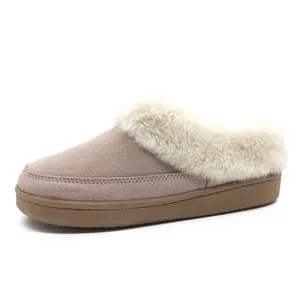 Shoe Factory Price Faux Fur Lined Leather Upper TPR Outsole House Slippers for Women