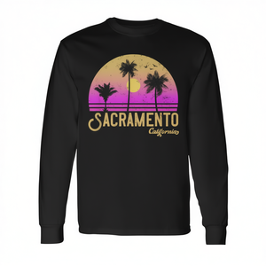 T-shirt a maniche lunghe Sacramento California Retro Sunset con design vintage con palme - Product Image 2