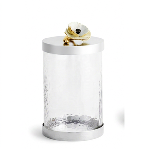 Récipient alimentaire rond moderne en métal avec corps en verre et couvercle, finition polie, décor floral doré, pot de rangement pour la cuisine - Product Image 1