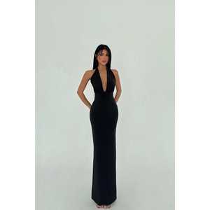 ชุดราตรีสีดำยาวกรอมพื้น แต่งดอกกุหลาบและขนนก ทรงเอ็มไพร์ เอวสูง ดีไซน์เก๋ เรียบหรู ผ้าโพลีเอสเตอร์ ไซส์ XL - Product Image 3