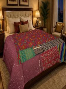 Indian Handmade Cotton Kantha Quilt Reversible Block Print Bedspread Soft <b>Quilted</b> Blanket Vintage Bohemian Home Decor <b>Bedding</b> - Product Image 2