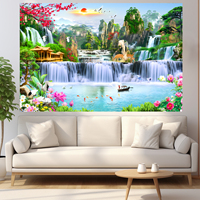 Wallpaper 3D yang indah, latar belakang pemandangan air terjun, gunung, bunga, danau, latar belakang pemandangan matahari untuk dekorasi rumah