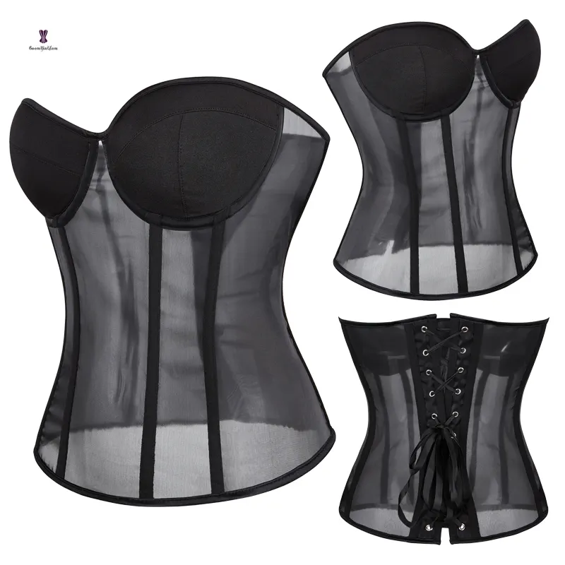 Bustier gothique en maille pour femmes, sans bretelles, avec lacets, noir, désossé, contrôle du ventre, pour le corps.