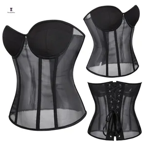 Women Gothic Mesh Stitching Strapless Lace up Black Boned Corset Tummy Control Slimmer Body Shaper bustier top