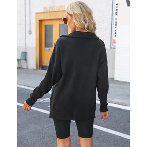 Suéter de mujer con cremallera de un cuarto, cuello alto, manga larga, suave y holgado, informal de otoño con abertura - Product Image 3