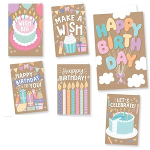 Cartes de vœux en kraft « Joyeux <span class=keywords><strong>Anniversaire</strong></span> » en gros – 6 designs mignons avec gâteau, bougie et dessins animés – Cartes de vœux pour enfants et adultes - Product Image 5