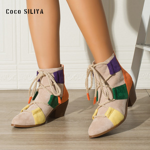 Bottines à lacets Coco SILIYA en patchwork, bout pointu, talon épais, bottines tendance pour femmes - Product Image 3