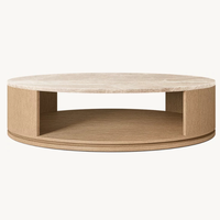 Table basse ronde moderne de luxe avec plateau en pierre et base en bois massif, élégante table centrale circulaire pour le salon