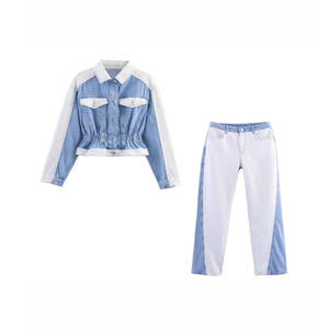 Ensemble deux pièces pour femme, veste en jean à manches longues, style rétro, col châle, décontracté, personnalisable - Product Image 1