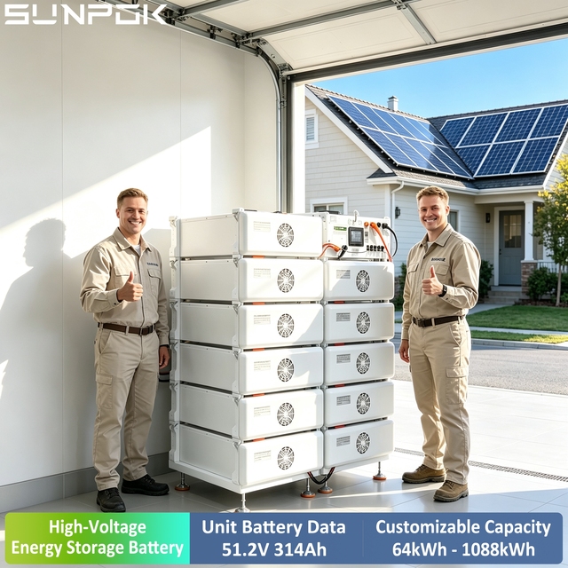 SUNPOK 51.2V 314Ah High Voltage LiFePO4 Rack Mounted Lithium Battery Stackable Hybrid Solar ESS Energy Storage Battery