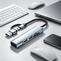 Matériel en alliage d'aluminium, hub USB à double connecteur, 5 ports avec un port USB3.0, deux ports USB2.0, lecteur de cartes SD, TF