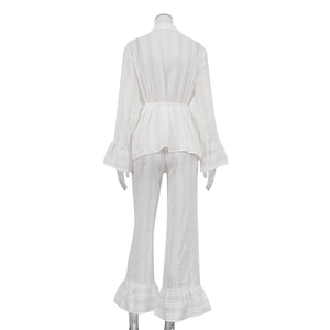 Camicetta con cintura <span class=keywords><strong>a</strong></span> balze <span class=keywords><strong>a</strong></span> forma di Anna Top e <span class=keywords><strong>pantaloni</strong></span> <span class=keywords><strong>Palazzo</strong></span> in cotone bianco Set in due pezzi da donna Set Casual da donna - Product Image 3