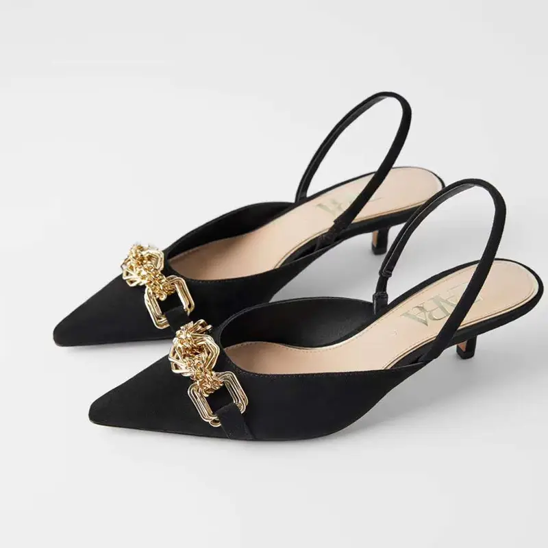 spring new metal detail low-heel slingback cat-heel pointed-toe shallow shoes nude shoes heels