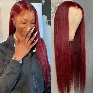 Perruque longue et lisse couleur rouge 99J, effet soyeux, avec dentelle frontale 13*6 et cheveux de bébé, raie libre au milieu - Product Image 2