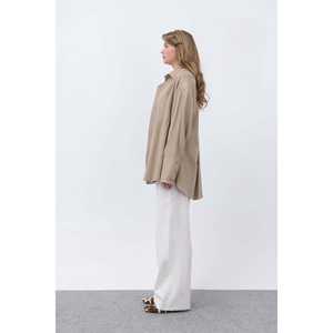 Chemise boutonnée en lin pour femme, style décontracté et simple, couleur kaki, chemisier basique - Product Image 4