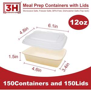 กล่องเตรียมอาหารขนาด 12 ออนซ์ แบบใช้ซ้ำได้ [แพ็ค 150 ชิ้น] กล่องใส่อาหารพร้อมฝาปิด - ปลอดสาร BPA ใช้กับไมโครเวฟ/เครื่องล้างจาน/ช่องแช่แข็งได้ - Product Image 6