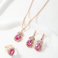 Nouvel ensemble de bijoux de mariée trois pièces, design transfrontalier sophistiqué et élégant, rose-rouge et bleu lac, orné de strass pour mariage