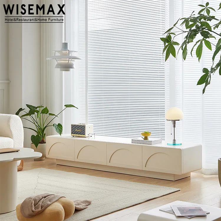 WISEMAX फर्नीचर नॉर्डिक कमरे में रहने वाले फर्नीचर के साथ आयत लकड़ी के फ्रेम सफेद लंबी घर टीवी कैबिनेट 4 दराज