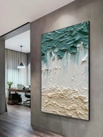 Peinture 3D texturée à l'huile de paysage de plage, grande toile abstraite lavable turquoise, art mural côtier vague blanche