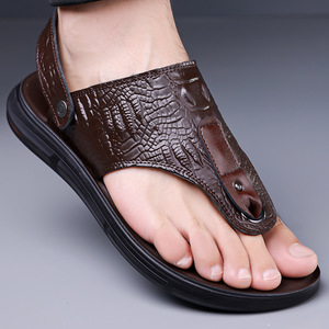 Sandales à sangle en T pour hommes, en cuir de vache marron, antidérapantes, chaussures de plage d'été, tongs décontractées pour l'extérieur, couleur unie - Product Image 3