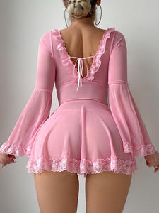 Atk120 Hot Selling Pure Kant Vrouwen Sexy Ondergoed Jurk Lingerie Sets Lange Mouwen Mesh Transparant Roze Mode Sexy Lingerie - Product Image 3