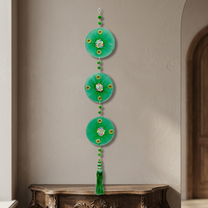 Artificial Cotton Traditional Triple Disc Wall Hanging Tassel Mirror Work UV Printed Green Design for Chinese New Year Indoor - Product Image 2