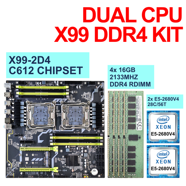 NEW X99-2D4 Mainboard Desktop Pc Kit Set with Dual Intel Xeon E5 2680 V4 Combo 4x 16gb DDR4 RDIMM X99 Motherboard Dual CPU