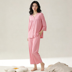 PJ-1458 ชุดนอนแขนสามส่วนสำหรับผู้หญิง ผ้าฝ้าย 100% น้ำหนักเบา ชุดลำลองสำหรับผู้หญิงวัยกลางคน ชุดนอนสบายๆ - Product Image 3