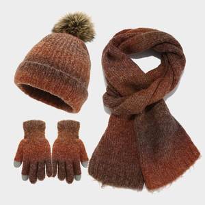 Conjunto de Gorro, Bufanda y Guantes Teñidos para Mujer 2024, Conjunto de Invierno de Tres Piezas con Gorro de Punto y Pompón de Pelo Sintético - Product Image 1