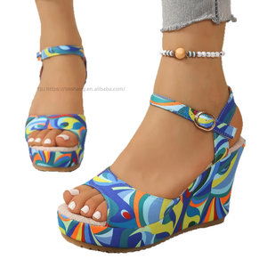 Women Summer New Color <b>Block</b> Wedge Roman Sandals Thick Sole Peep Toe Buckle Sandals in Stock - Product Image 5