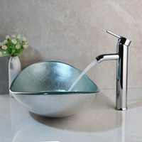 Lavabo en verre ovale avec robinet et siphon escamotable, en verre trempé argenté, design design en forme de bol pour salle de bain