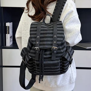 <b>Black</b> Gray Striped <b>Backpack</b> Multi Pocket Laptop Compartment Student School College Rucksack - Product Image 3