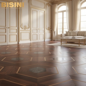 Revêtement de sol sur mesure de qualité muséale pour propriétés de luxe : Hexagones en marbre Verde et mosaïque en bois de rose Santos avec finition en laiton ajustée à la main - Product Image 2