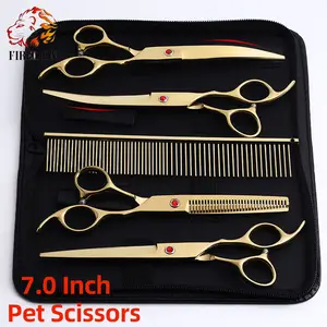 Professional 6CR Stainless Steel 7.0 Inches Curved Thinning Pets Cat Dog Kit Grooming Scissors Set