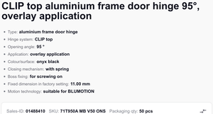 Cadre de porte en aluminium 71T950A Blu m avec agate noire et ressort, compatible avec la charnière BLUMOTION Blu m 95 degrés - Product Image 2