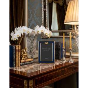 Beltrami Photo <b>Frame</b> <b>4x6</b> Silver Plated Navy Blue Gold Ribbon Design - Product Image 2