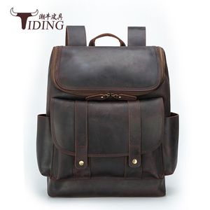 Tiding Crazy Horse Leather <b>Backpack</b> Dark <b>Brown</b> Unisex Outdoor Laptop Bag Top Layer Cowhide Travel Bag - Product Image 1