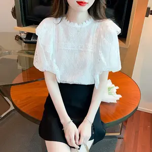 Nouveau Vintage Court Style Bulle Manches Blouse Design Sens Super Fée Lourde Dentelle Chemise Blouse Petit Blouse Français Chic Top