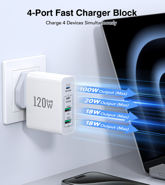 HNT 120W USB Charger Type C PD100W GaN Fast Charging 2 USB-C+2 USB-A 6 Ports Desktop Charger Station for Phone Tablet and Laptop