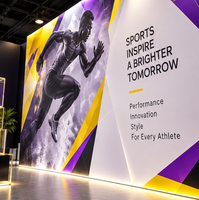 Stand d'exposition personnalisé 10x20 pieds avec boîtes de présentation en acrylique et en-tête de marque haute visibilité pour l'événement sportif 2026