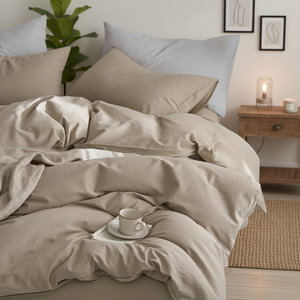 Ensemble de literie personnalisable en coton lavé 100% durable 400TC, tissu naturel tissé, drap plat, housse de couette, style moderne - Product Image 3