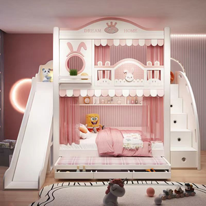 Lit superposé château de princesse contemporain pour filles avec toboggan, rangement, bois massif durable, rose, ensemble de meubles pour chambre d'enfant, salon - Product Image 2