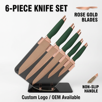 Ensemble de couteaux de chef GOODA en acier inoxydable rose doré, 6 pièces, avec bloc en acrylique, manches ambidextres, ensemble de couteaux de cuisine durables pour la maison