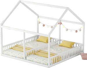 Lit double pour enfants <span class=keywords><strong>2</strong></span>-en-1 Cadre de lit en bois massif Cabine Clôture de sécurité Salle à manger MDF Sommier à lattes en bois blanc (<span class=keywords><strong>Matelas</strong></span> non inclus) - Product Image 4